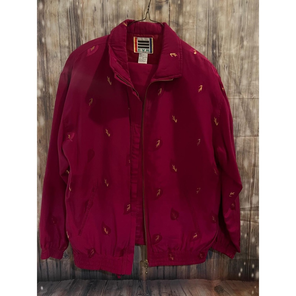 EVR Silk Bomber Jacket & Pant Set Women S Magenta Vintage Gold Leaf Embroidered - Picture 2 of 3